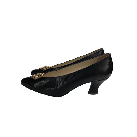 Vintage Enrico Gerbi women size 8.5 black Leather gold Embellishment shoe Italy - Picture 2 of 7